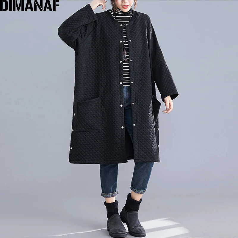 DIMANAF осенне-зимняя женская куртка, пальто, винтажная женская верхняя одежда свободного размера плюс, длинный рукав, на пуговицах, кардиган, одежда