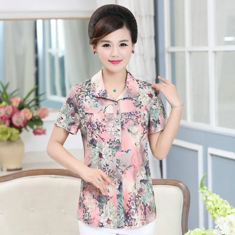 

Summer Women Elegant Silk Shirt Green Red Flower Printing Turn Down Collar Short Sleeve Button Front Oriental Style Shirts Women