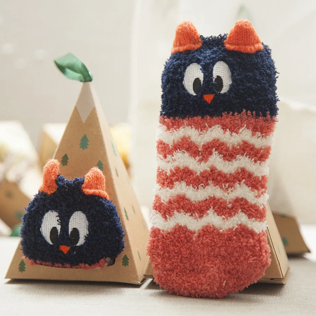 Зимние Детские носки нескользящие теплые мягкие трикотажные удобные носки с объемным рисунком животных коралловый флис, хлопок