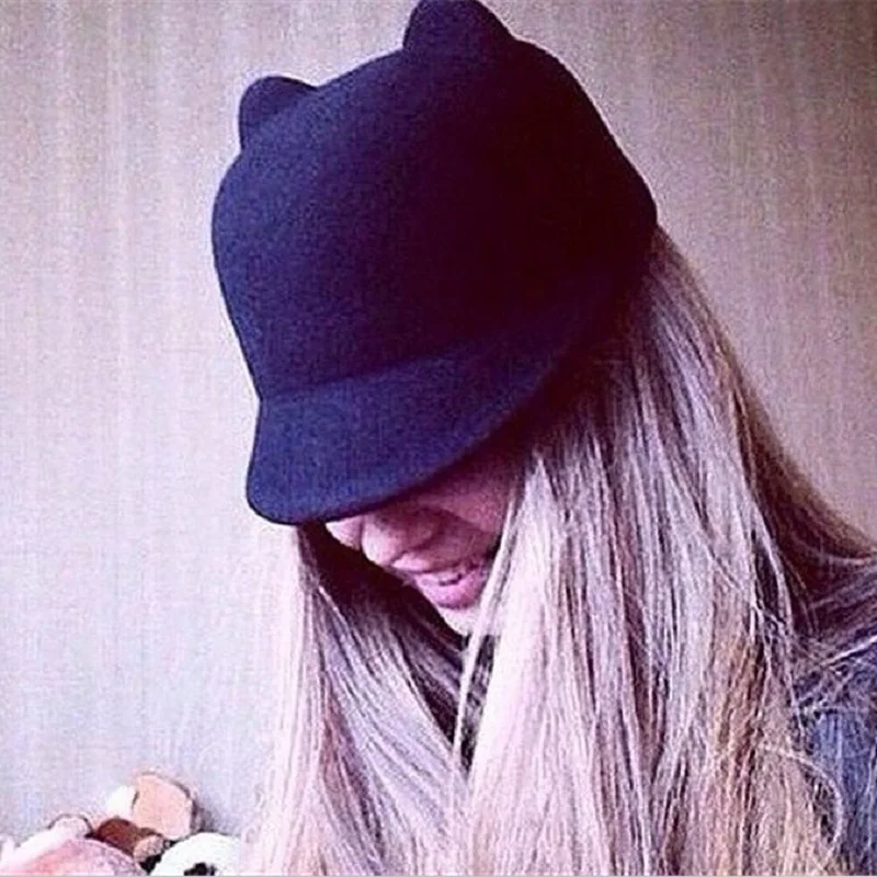 

New 6 Colors Europe and America Russia Hot Sale Hats New Winter Fashion Womens Devil Hat Cute Kitty Cat Ears Wool Derby Caps