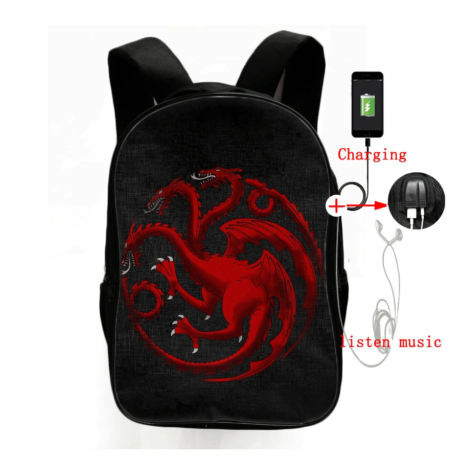 

Game of Thrones Backpack Multifunction USB Charging Laptop Backpack Jon Snow Daenerys Targaryen Bags for Teenagers School Travel