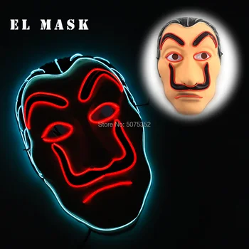 

GZYUCHAO EL Neon LED Halloween Mask EL Wire Glow Cosplay Dali Mask Payday Night Club Decor Carnival Light Up EL Mask