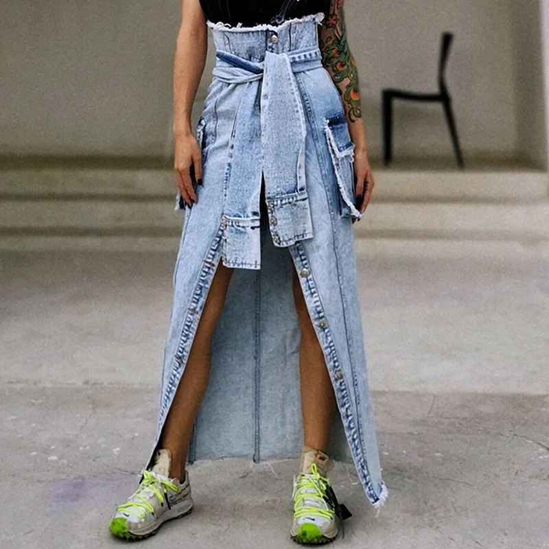 

PRE-SALE Streetwear Women's 2020 Spring New Style Fashion Irregular White Frayed Edge Large Pocket High-waisted Long Skirt