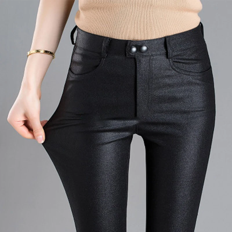 Матовое покрытие брюки для женщин Высокая талия блеск брюки обтягивающие стрейч карандаш джоггеры размера плюс зимние брюки длинные прямые V170 - Цвет: with velet