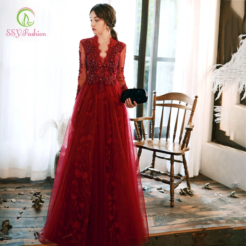 SSYFashion банкетное элегантное красное вечернее платье с длинным рукавом с кружевной аппликацией и v-образным вырезом роскошное торжественное платье Vestido De Noche