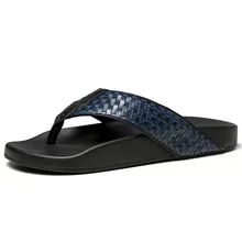 Мужские летние пляжные шлепанцы из натуральной кожи; тканые Вьетнамки; роскошные мужские шлепанцы; цвет черный, синий; уличные шлепанцы; Дизайнерская обувь
