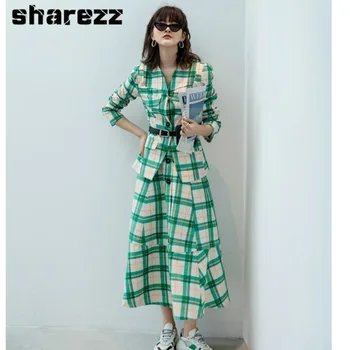 

sharezz 2 piece set Women Blazer Elegant Plaid Two-piece Skirt Sets 2020 New England Fashion OL Suit Female Matching Outfits