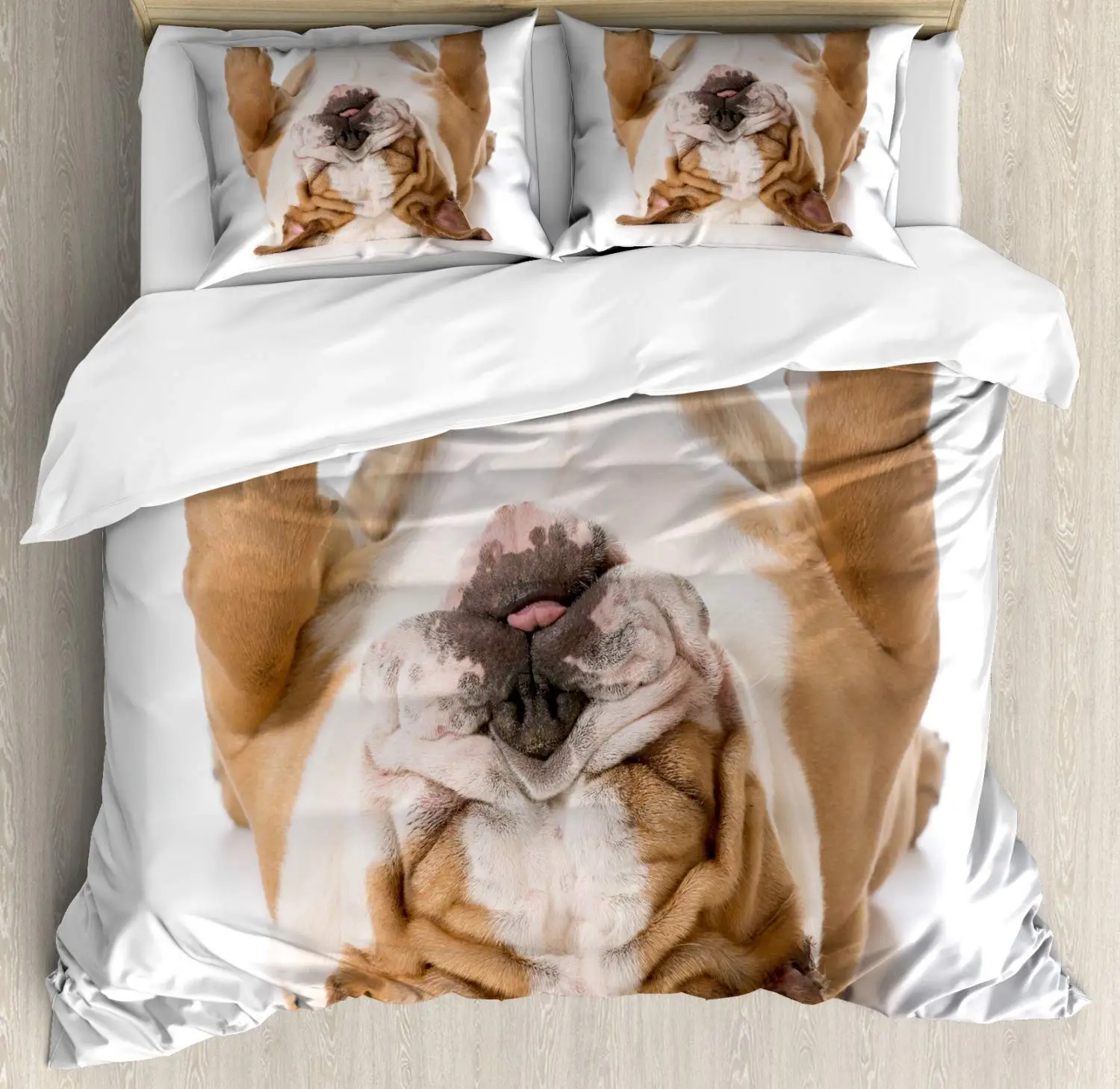Набор пододеяльников для пуховых одеял с изображением бульдога, английская собака, лежащая на спине, Спящая настоящая жизнь, декоративная фотография животных, Комплект постельного белья из 3 предметов