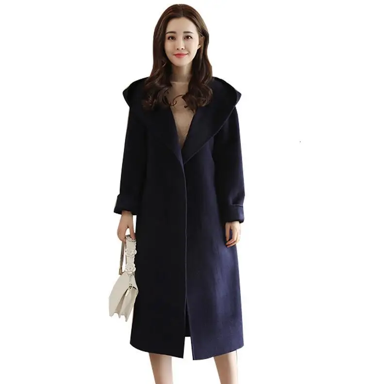 Navy Blue И осень зима новое длинное пальто для женщин сплошной цвет большой размер свободные шерстяные пальто мода с капюшоном длинный рукав куртка для женщин - Цвет: Navy Blue