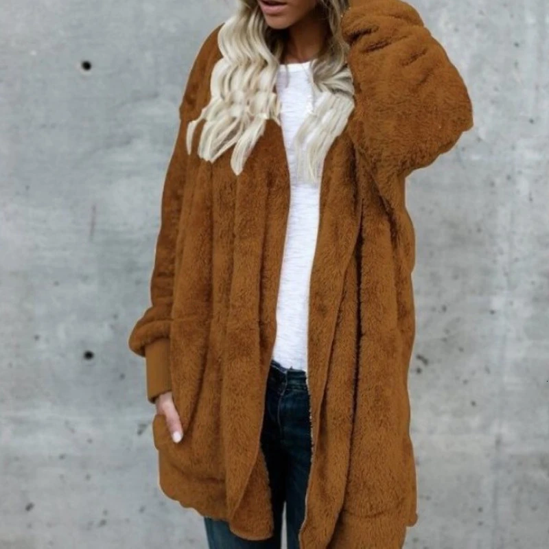 Зимнее плюшевое пальто женское пальто из искусственного меха плюшевый медведь куртка Толстая теплая куртка из искусственного флиса пушистые куртки Джемперы размера плюс M-4XL - Color: brown