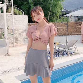 

Swimsuit With Cups Maillot Femme New Plus Size Bikinis Woman Split Female Sexy Four Piece Set Cover Korean Ins Hot Print