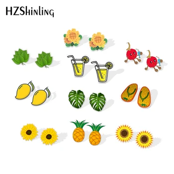 

2019 New Monstera Leaf Acrylic Earrings Pineapple Fruit Juice Watermelon Banana Stud Earrings Summer Holiday Epoxy Earring