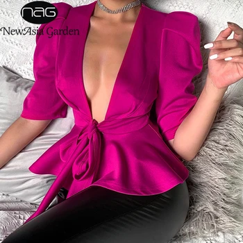 

NewAsia Garden Cardigan Office Blouse Ruffle Top Deep V Neck Lace Up Bow Hot Pink Blouse Solid Color Womens Tops And Blouses
