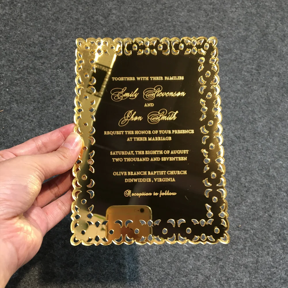  15 Pieces Per Lot Hollow Out Style Golden Mirror Acrylic Invitation Cards Laser Engraved Letters SH - 4.0002E+12