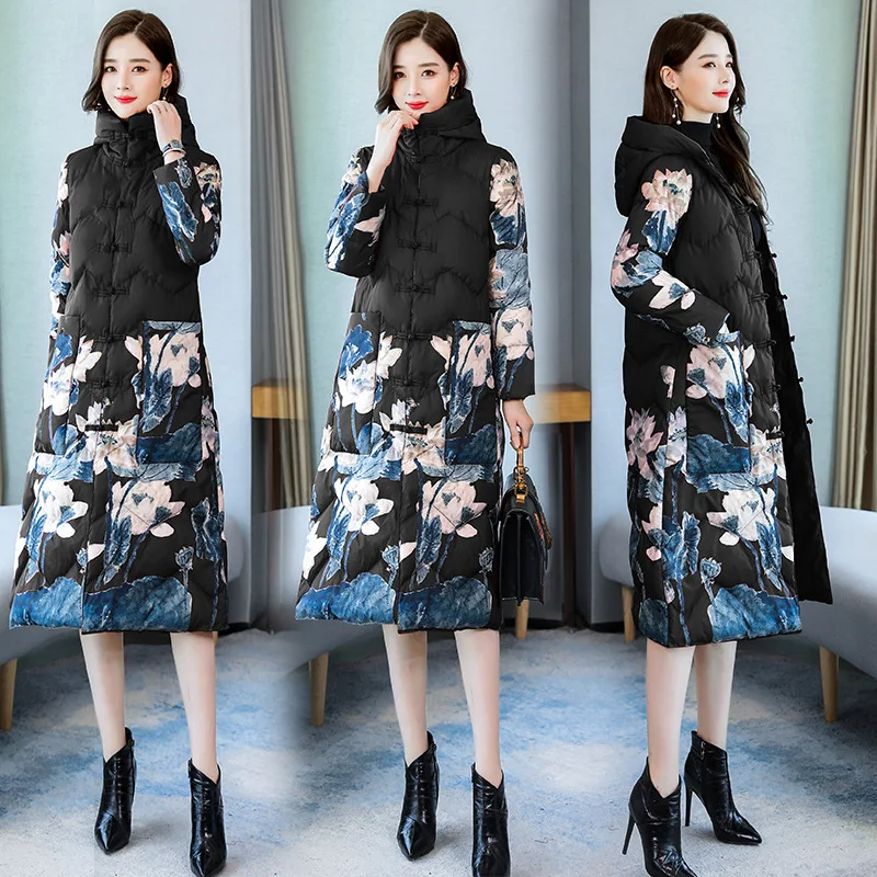 

Ethnic-Style Mid-length over-the-Knee Cotton-padded Clothes Women's 2019 New Style Winter Printed Cotton Coat Hooded Frog Cotton