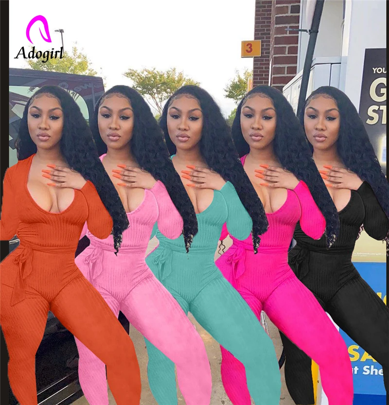 

Fitness 2020 Autumn Ribbed Jumpsuit for Women Sexy Deep V Neck Long Sleeve Bandage Romper with Belt Fashion Tracksuit Clothing