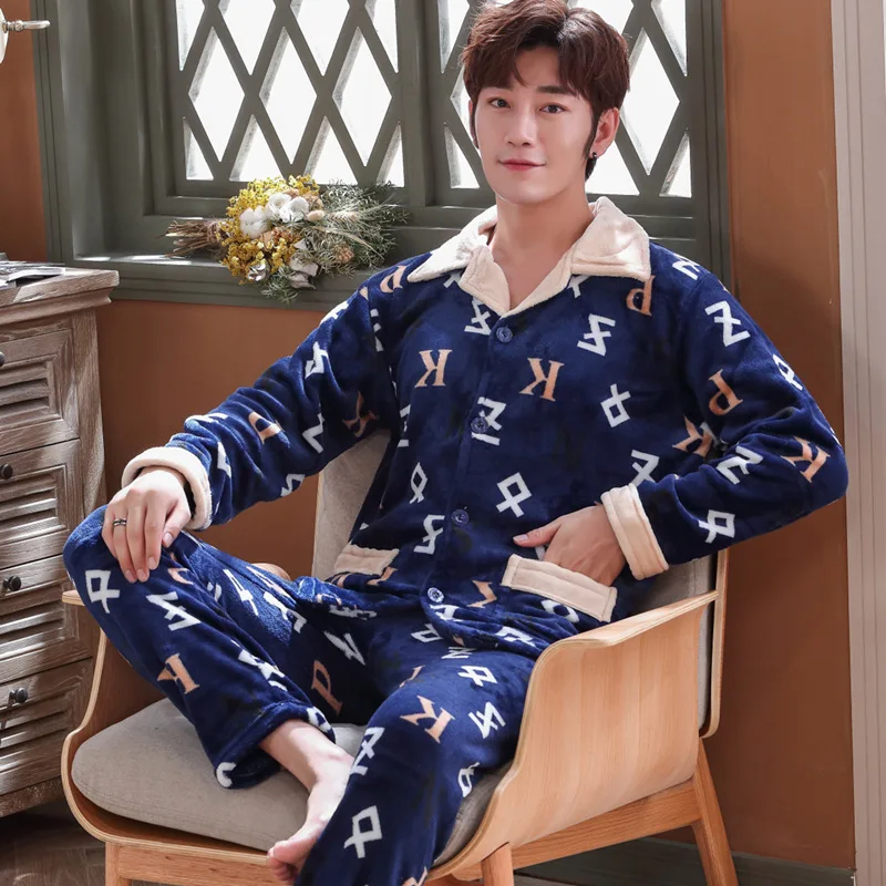 

Autumn And Winter Coral Velvet Pajamas Men Winter Long Sleeve Warm Thick plus Velvet Flannel Homewear Set 475