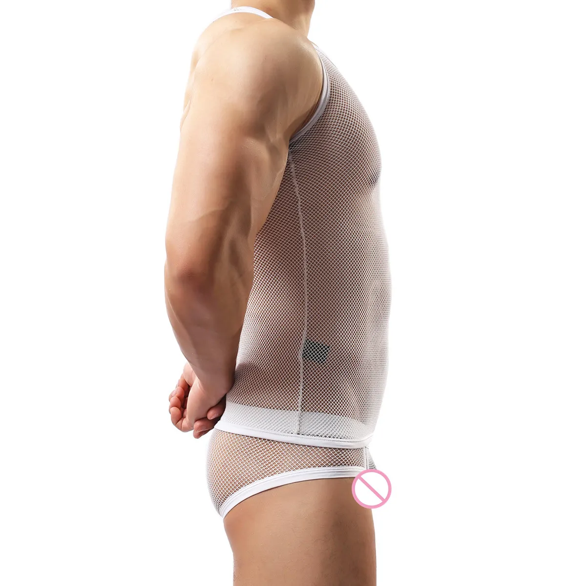 Sexy Men Clothes Sets Mesh Transparent Sleeveless Tank Tops+ Boxer Shorts Male Undershirts Suit Gay Lingerie Party Clubwear