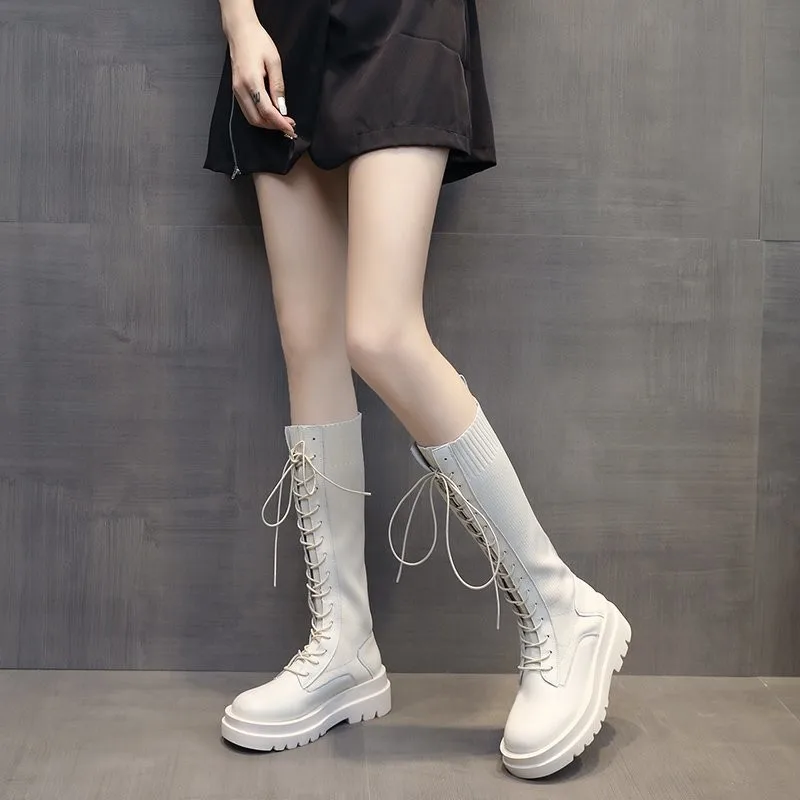 Women Sock Boots Autumn Lace up Mid Calf Boots Female High Platform Sock Shoes Fashion Beige Stockings Boots  Mid calf