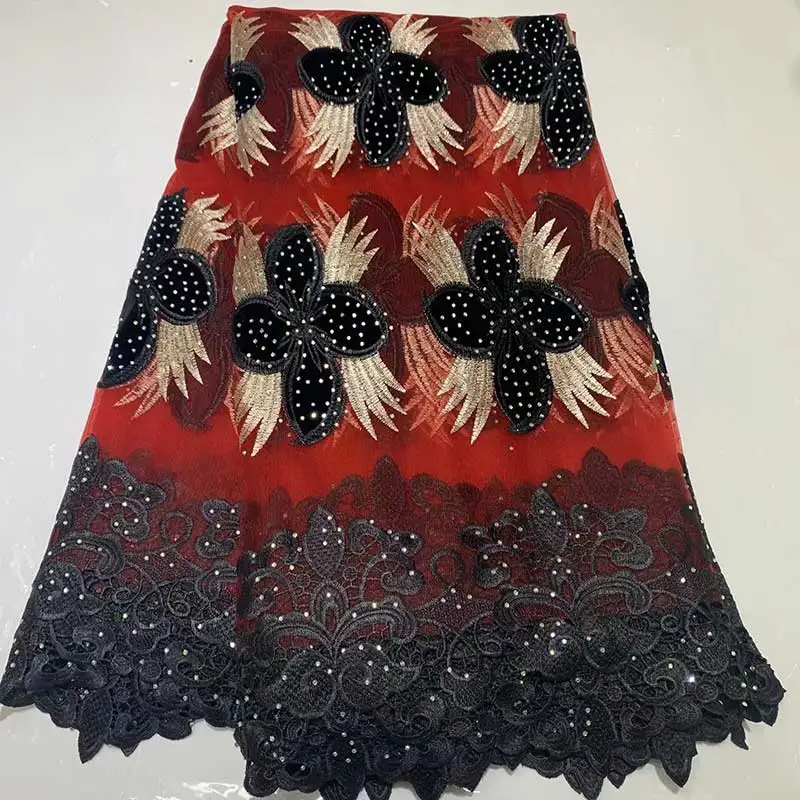 

African Lace Fabric 2019 French Cord Lace Fabric Embroidered Nigerian Tulle Lace Fabric With Stones For Wedding B215