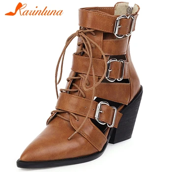 

Karinluna New Fashion 2020 Strange Style Summer Boots Woman Shoes Pointed Toe Zipper High Heels Buckle Decoration Women Boots