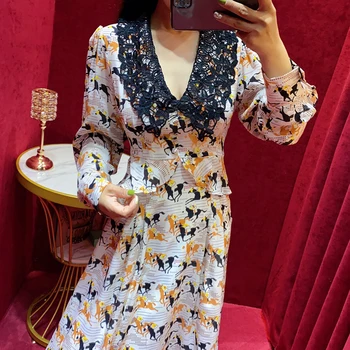 

New Horse Print Lace V Neck Silk Dress Women Spring Long Sleeve Long Dress