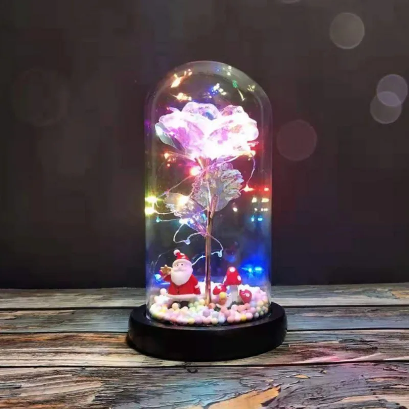 Искусственный пластиковый Galaxy Rose Flower светодиодный светильник со стеклянным куполом на деревянной основе подарок на День святого Валентина для свадебной вечеринки