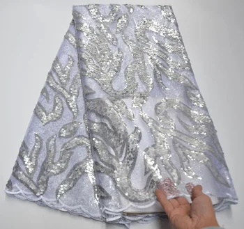 

Latest White Sequins Lace Fabrics High Quality African French Tulle Mesh Lace Fabrics with Sequins for Wedding Party FR8-6F