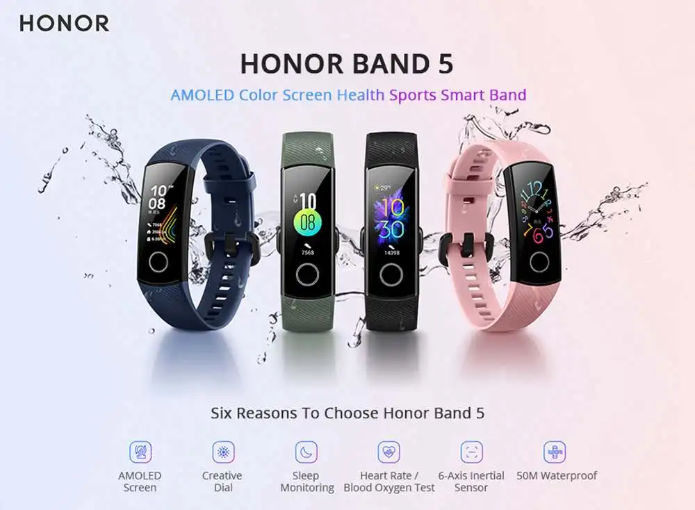 Huawei Honor Band 5 глобальная версия оксиметр кислорода в крови AMOLED сенсорный экран плавать осанка Обнаружение пульса смарт-браслет