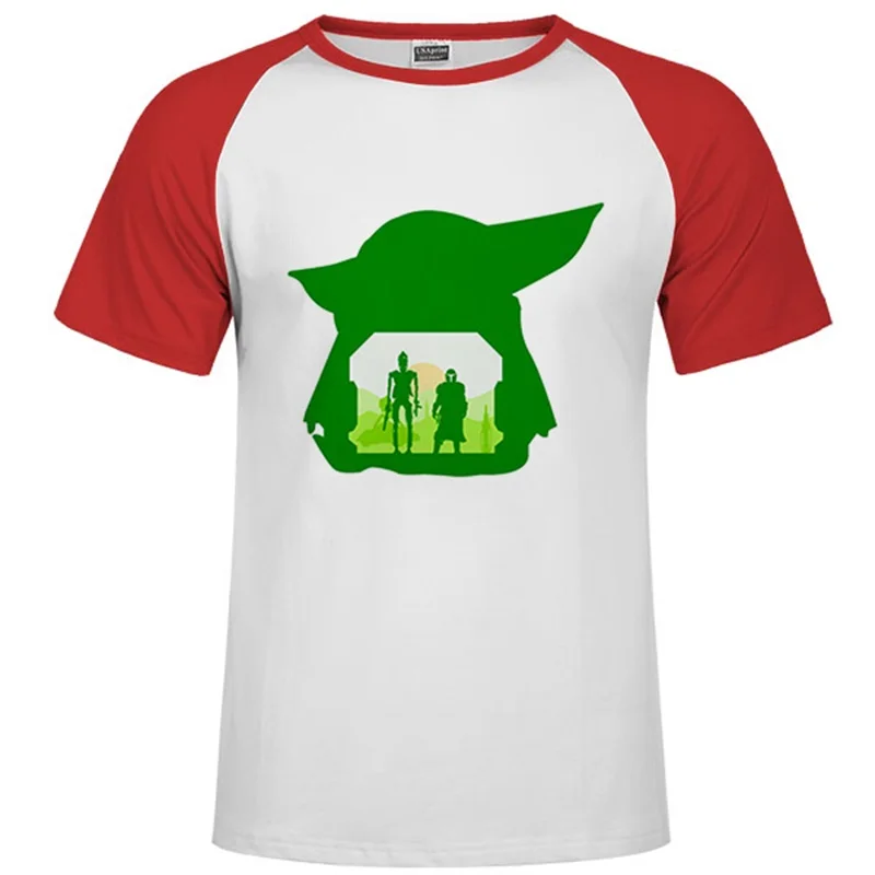 Цельнокроеная футболка с Йодой для малышей Мандалорская футболка с джедаем, цифровой принт, европейский размер, вырез лодочкой, мягкие Забавные топы с принтом «Звездные войны» - Цвет: Raglan red 64