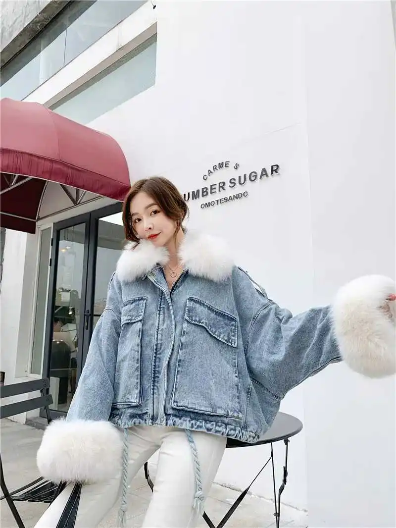 Женская джинсовая куртка из лисьего меха женская уличная короткая хлопковая джинсовая куртка женская теплая куртка Femme