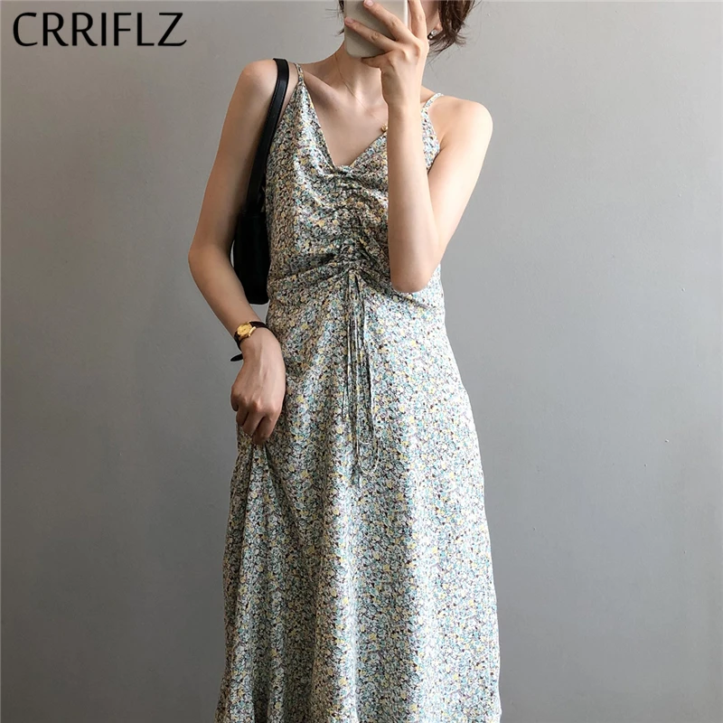 CRRIFLZ 2020 New Casual Spaghetti Strap Print Dress Women Summer V-neck High Waist Sleeveless Trumpet Mermaid | Женская одежда