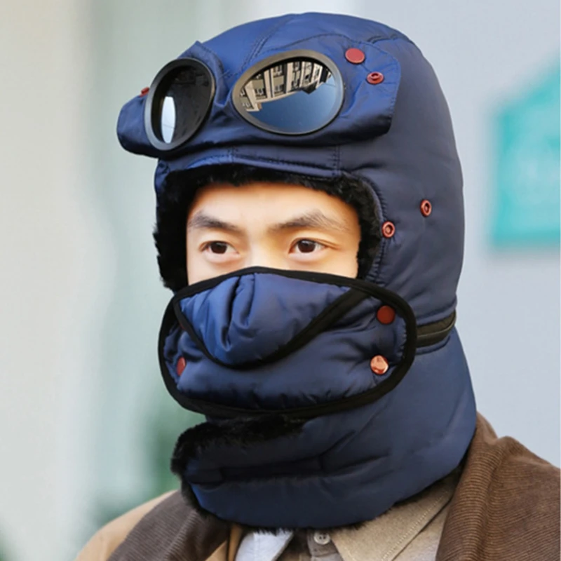 Winter Bomber Hats Plush Earflap Russian Trapper Ushanka With Glasses Men Women Pilot Aviator Faux Leather Fur Hat Snow Caps