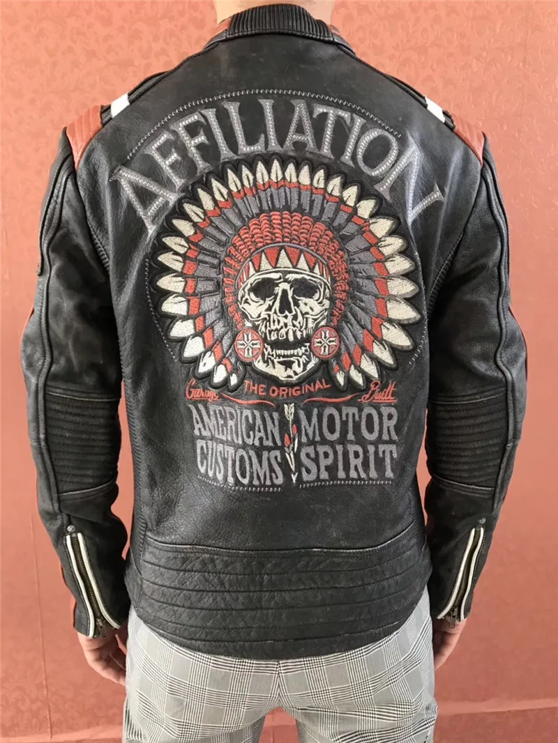 Super Offer! AFF-01 Read Description! Asian Size Mans Genuine Cow Leather Rider Coat Embroidery Cowhide Biker Jacket | Мужская одежда