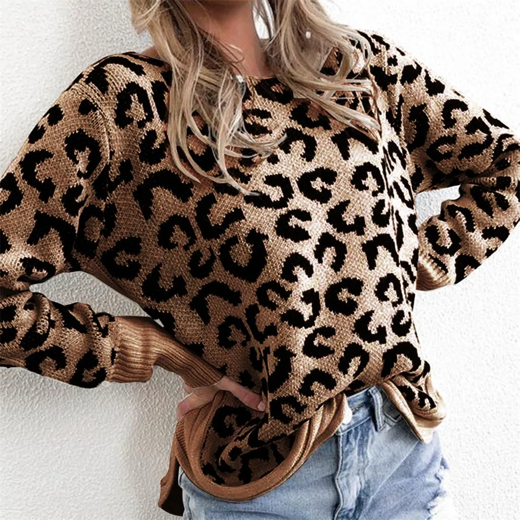 

Feitong Womens O-Neck Long Sleeve Leopard Print Irregular Hem Pullover Knit Sweater Pullovers Top Jumper winter