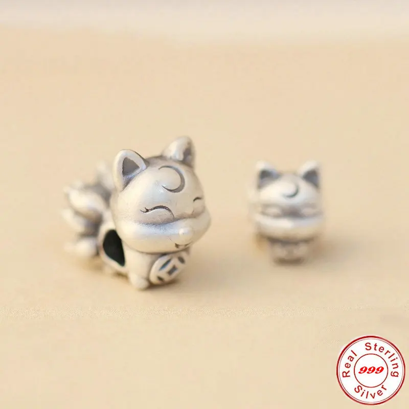

S999 Sterling Silver Lovely Fox Charm Beads for DIY Bracelet Necklace Making Jewelry Finding
