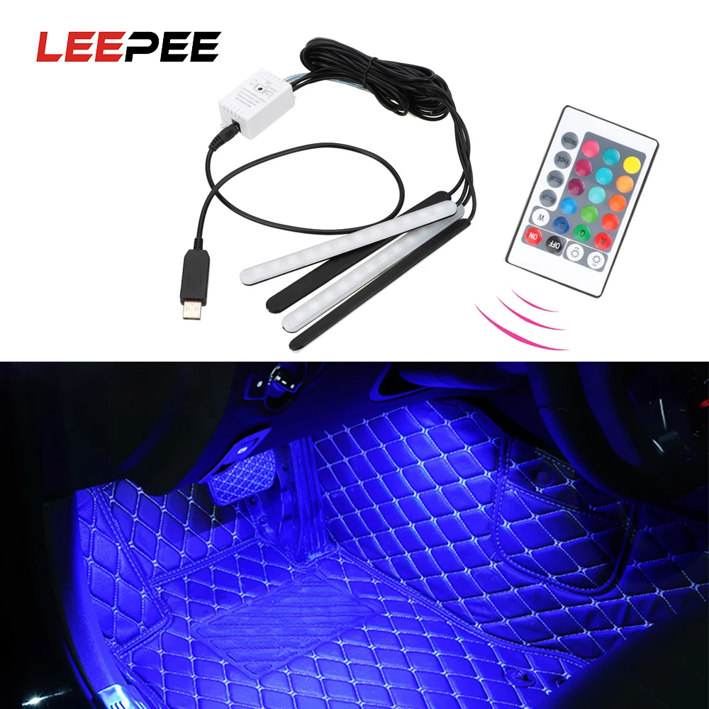 LEEPEE 4 шт. автомобильные RGB Светодиодные полосы света атмосферные лампы тире пол ноги полосы огни салона автомобиля свет с дистанционным Авто украшения