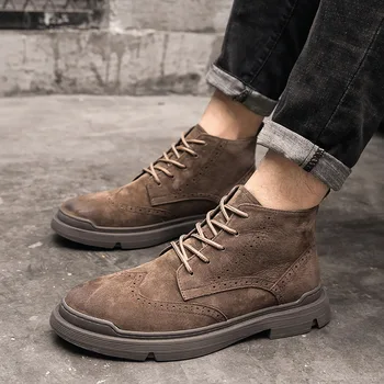 

men's leisure breathable desert boots carving bullock cow leather shoes brogue shoe ankle boot zapatos de hombre botas masculina
