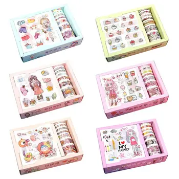

Kawaii Gift Package Sticker with 7pcs Washi Tape Set Scrapbooking Masking Tapes Q6PA