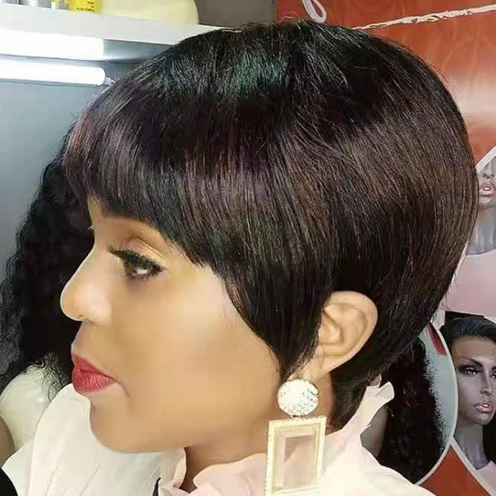 Piano Blonde Short Human Hair Wigs Pixie Cut Straight Remy for black women brown black 99j No Lace HighLight With Thick Fringe