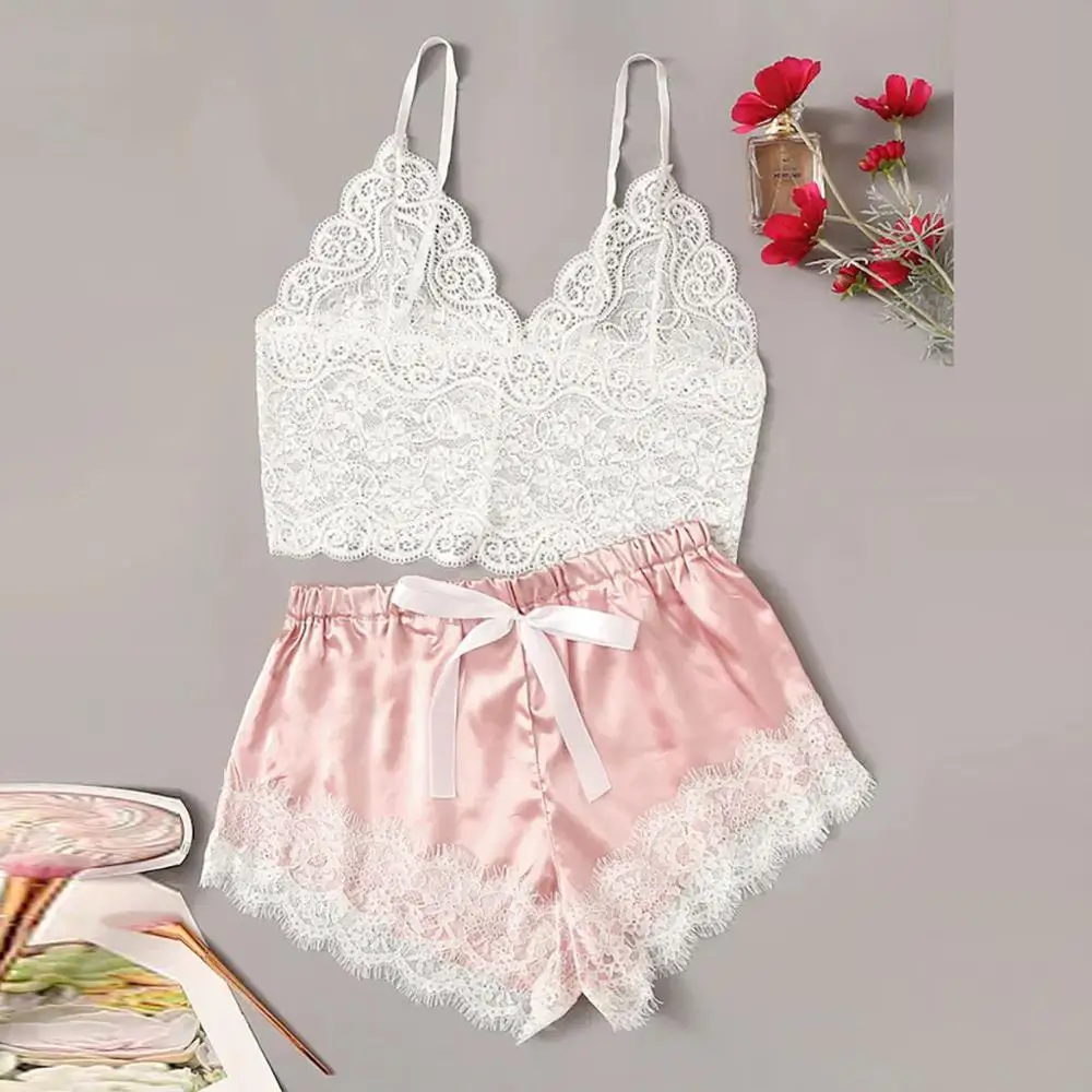 

Pijama Floral Lace Cami Top With Satin Shorts Sexy Lingerie Set Women 2019 Summer Sexy Sets Ladies Bra And Panty Underwear Set #