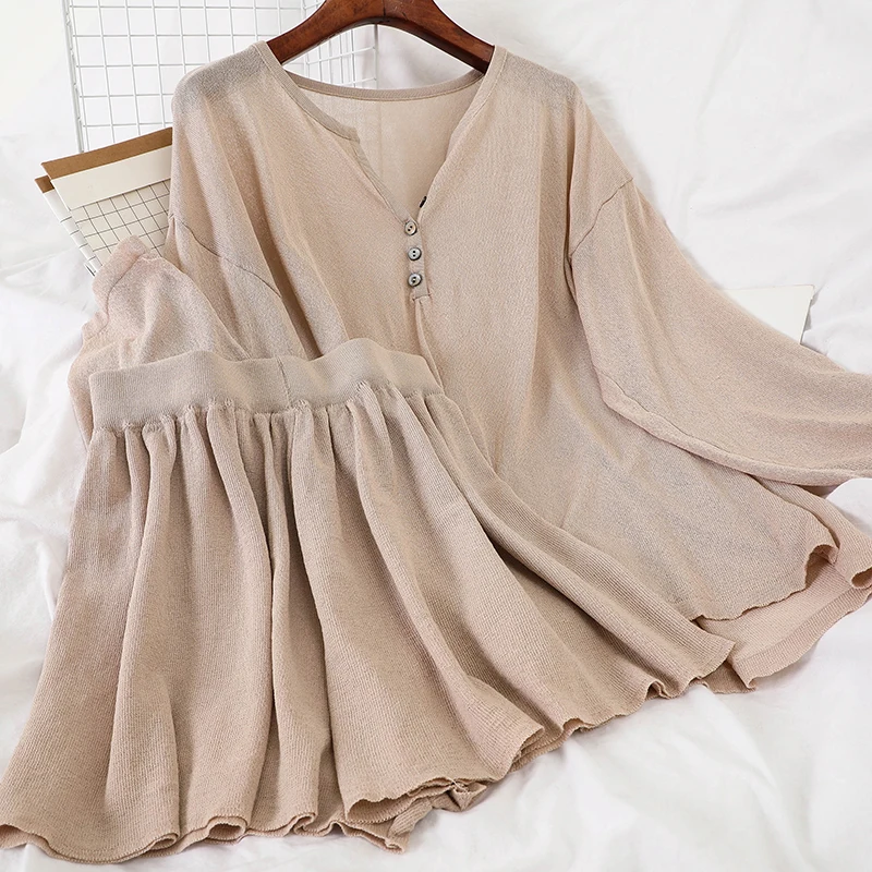 2020 Summer Kintting Casual 2 Piece Set V Neck Loose Pullover+high Waist Elastic Solid Short Pants Streetwear Khaki Black Sets | Женская