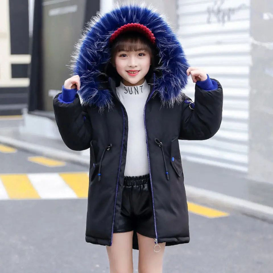 Детская зимняя куртка для мальчиков и девочек коллекция года, новое повседневное длинное пальто с меховым капюшоном для девочек теплая парка подростковая одежда для детей возрастом от 10 до 12 лет - Цвет: Черный