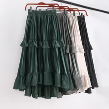 black grey white beige flexible elastic high waist asymmetrical ruffles pleated winter skirt for women womens vintage skirts