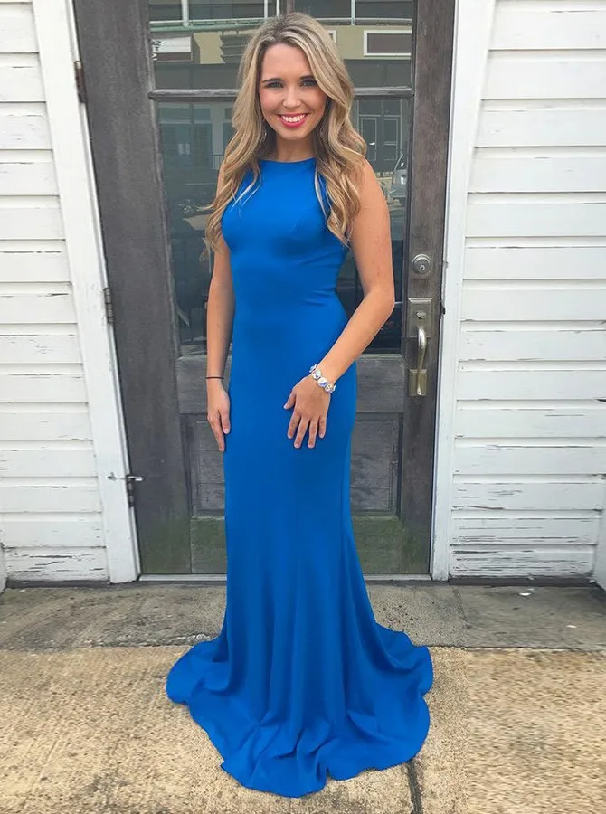 Mermaid Prom Dress Bateau Sweep Train Royal Blue Stretch Satin Sleeveless Prom Dress