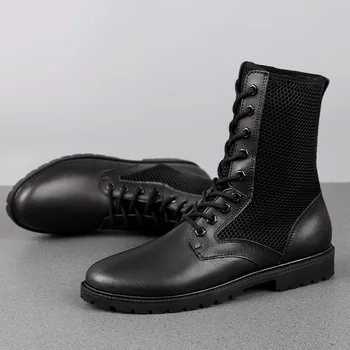 

Summer Men Breathable Boots Black Leather Army Combat Men Boots Brand Tactical Boots for Man Anti Slip Mens Motorcycle Boots