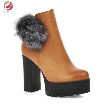 

Original Intention Woman Platform Pompon High Square Heels Ankle Boots Winter Warm Faux Fur Boots Woman Round Toe Gradient Gray