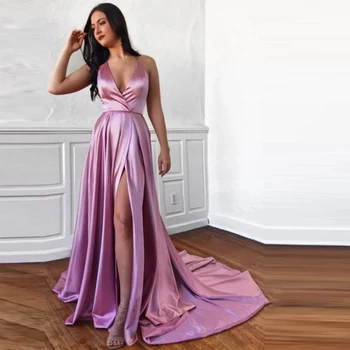 

Booma A-line Purple Evening Dresses 2019 Sexy Deep V-neck Sleeveless Backless Satin Formal Evening Party Dress for Women