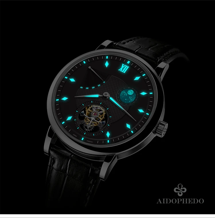 High End Aidophedo светящиеся стрелки для мужчин s Tourbillon механические часы GMT ST8001 календарь Moon Phase наручные часы для мужчин Аврора