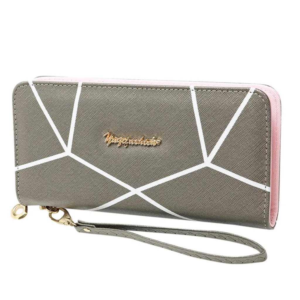 Gray Monederos Para Mujer Monedas Женский Длинный кошелек на молнии с геометрическим узором, сумка для мобильного телефона, Большая вместительная сумка для карт Porte Monnaie - Цвет: Gray